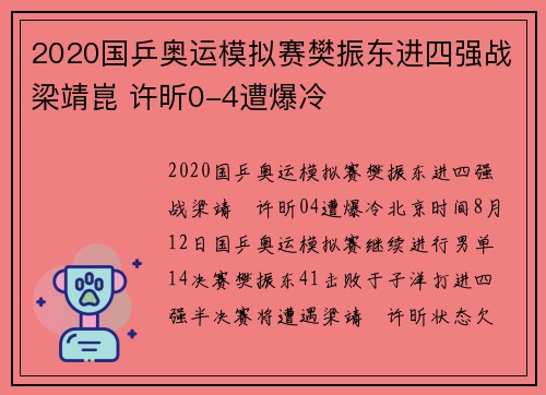 2020国乒奥运模拟赛樊振东进四强战梁靖崑 许昕0-4遭爆冷