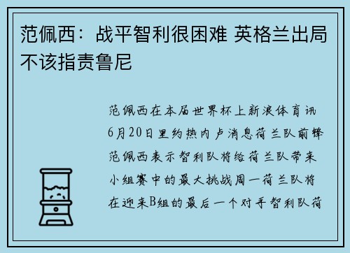 范佩西：战平智利很困难 英格兰出局不该指责鲁尼